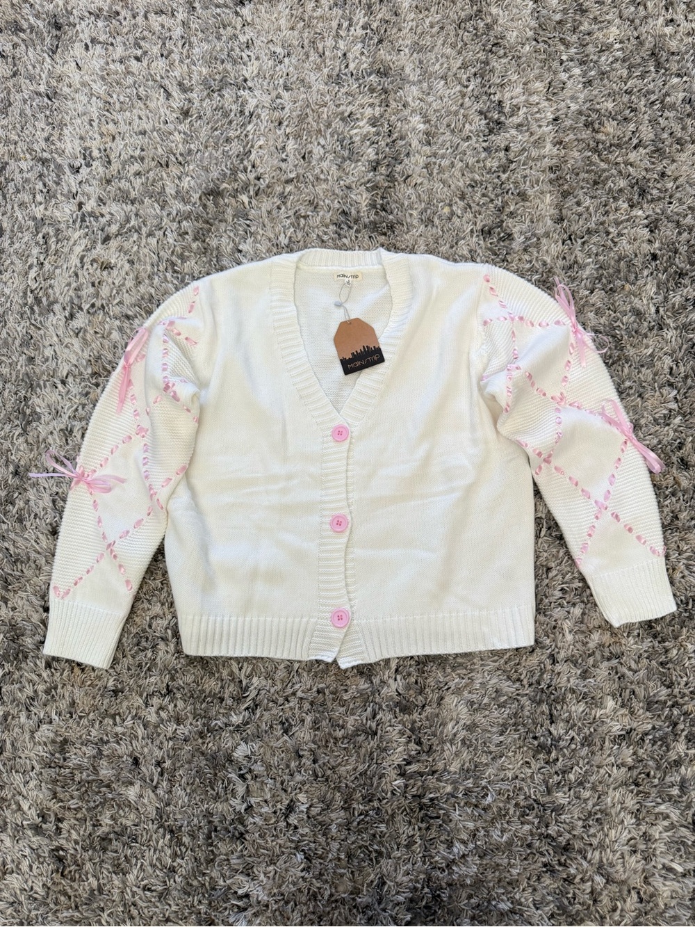 Main Strip Cream Cardigan with Pink Ribbon Detail